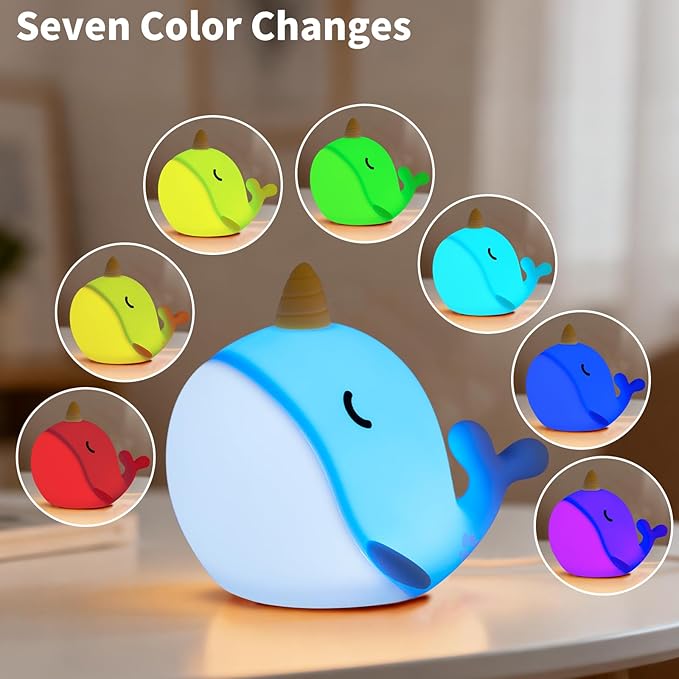 Cute Narwhal Night Light, Tap Control & Color Changing, USB Kids Bed Lamp - Image 4