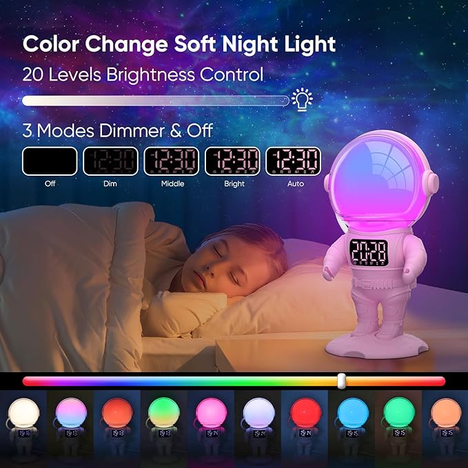Astronaut Sunrise Alarm Clock for Kids, 22 Dimmable Nightlights, Dual Digital - Image 4