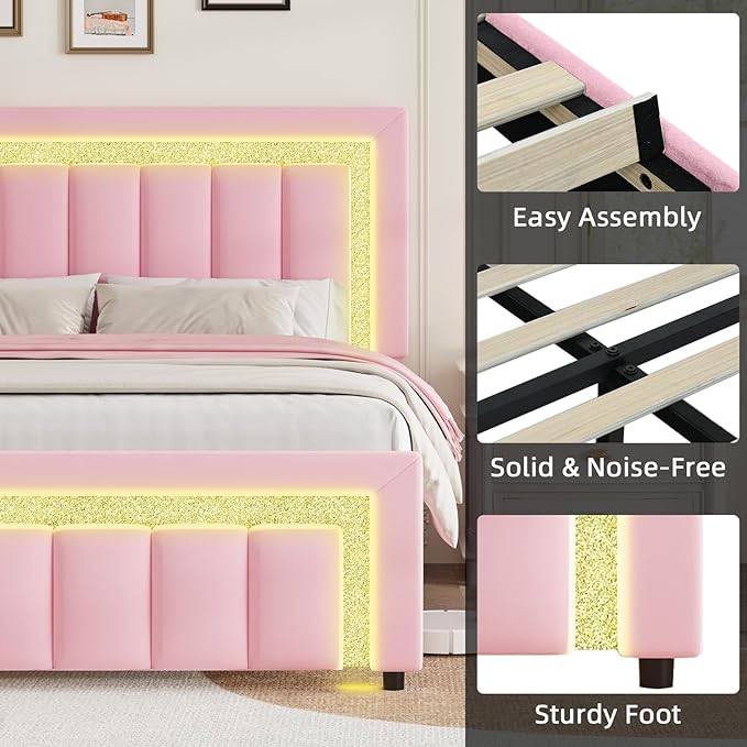 HOMBCK Queen Bed Frame with Velvet Upholstered Headboard and LED Lights - Image 7