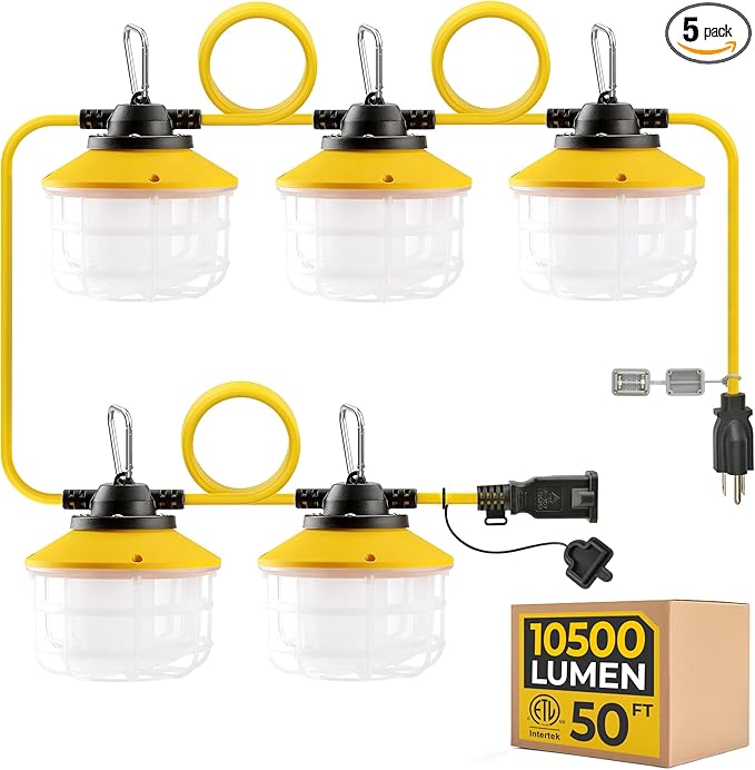 Outdoor Construction LED String Lights: 3 Prong 50FT 75w 10500lm ETL Certified by Hyanglux