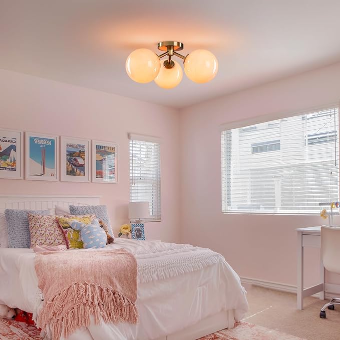 Pink Semi Flush Mount Ceiling Light Fixture, 3 Light Opal Glass Globe Mid - Image 6