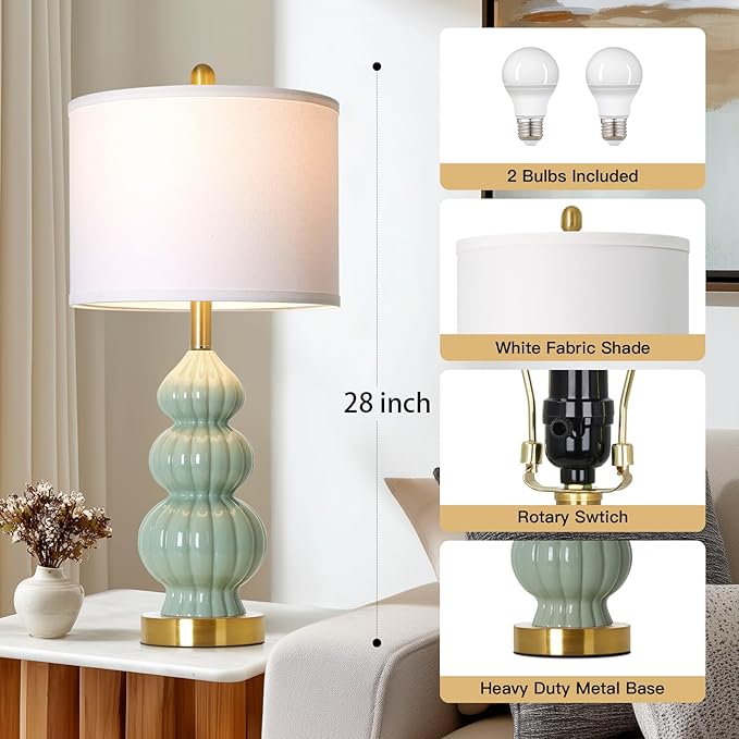 Green Ceramic Lamps Set of 2, 26.5" Modern Table Lamps - Image 4