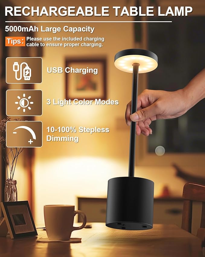 Cordless Table Lamps Rechargeable, Portable LED Desk Lamp, 5000mAh Battery - Image 4