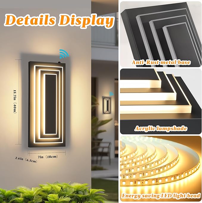 Dawn To Dusk Outdoor Light Fixture Modern Exterior Wall Light, 3-Tier Black - Image 7