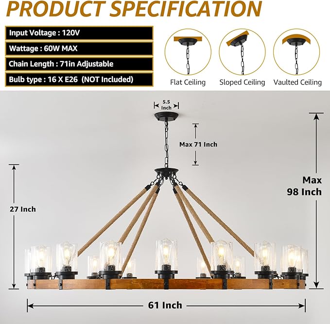 60-inch Rustic Wooden Chandelier - Image 2