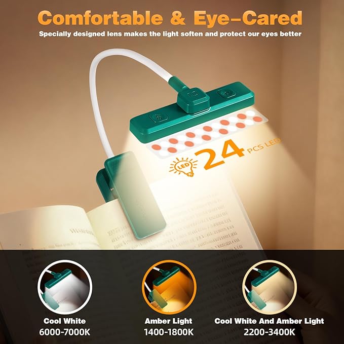 VAVOFO Rechargeable Book Light Rotatable：24 LEDs Reading Light, 3-Color & - Image 3