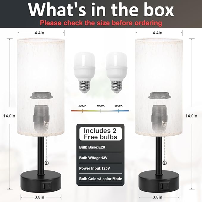 Fenmzee USB Bedside Table Lamps Set of 2-3 Color Temperatures Pull Chain Lamp - Image 4