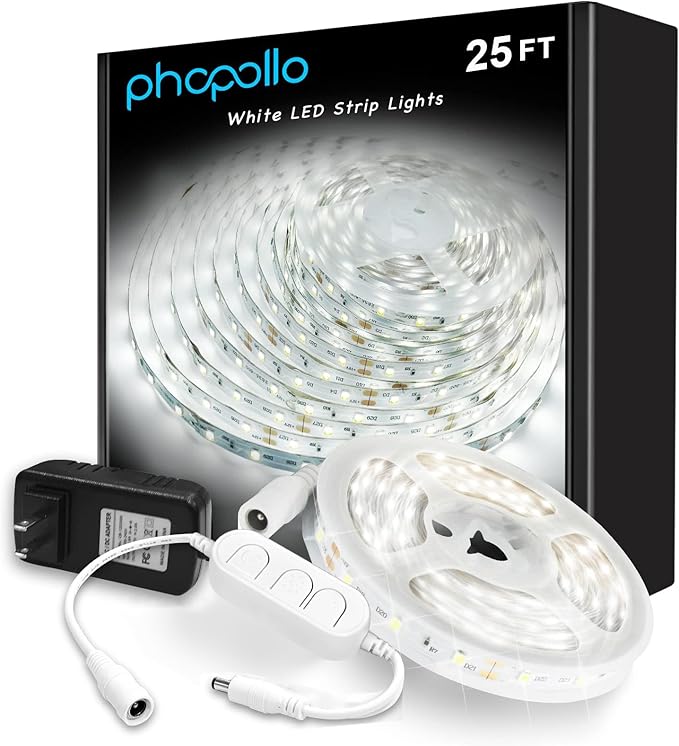 phopollo White LED Strip Lights, 25ft Dimmable 6500k Daylight White Led Light by Phopollo