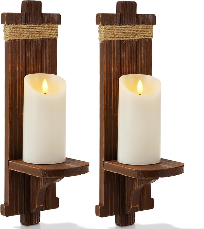 Homemory Wall Sconces Candle Holder Set of 2, Farmhouse Wooden Rustic Wall Decor by Homemory