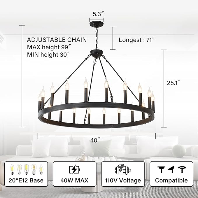 Black Wagon Wheel Chandelier 40 inch, 20-Light Farmhouse Wagon Wheel - Image 2