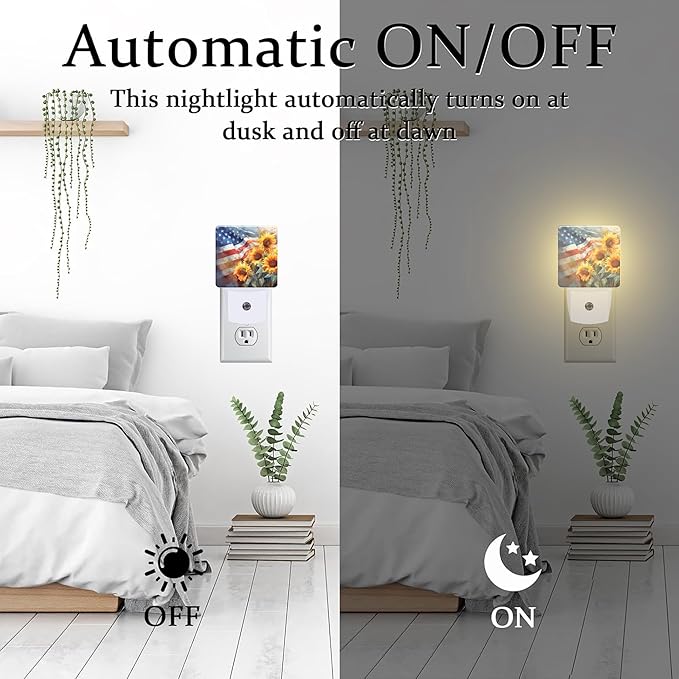American Flag with Sunflowers Night Light Plug into Wall, Watercolor USA Flag - Image 6