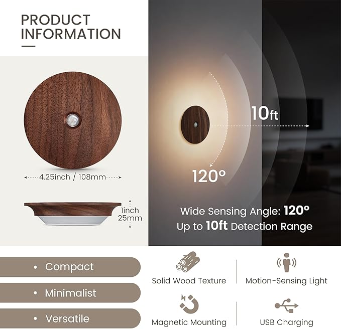 Motion Sensor Night Light Wood Rechargeable Battery-Powered Stick-On Step - Image 2
