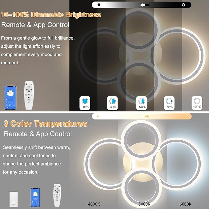 Modern LED Ceiling Light, 3 Color Temps, Adjustable Brightness, Remote & APP - Image 6