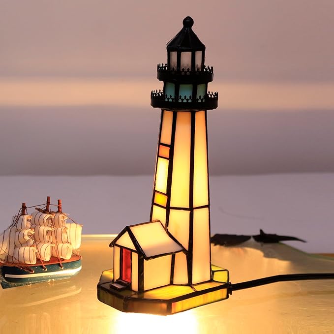 Small Tiffany Lighthouse Stained Glass Accent Table Lamp Night Light - Image 3