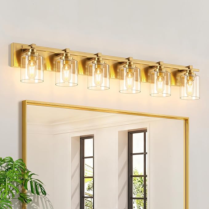6 Light Modern Bathroom Light Fixtures Over Mirror, Brass Finish Vanity Lights by BRKNIT