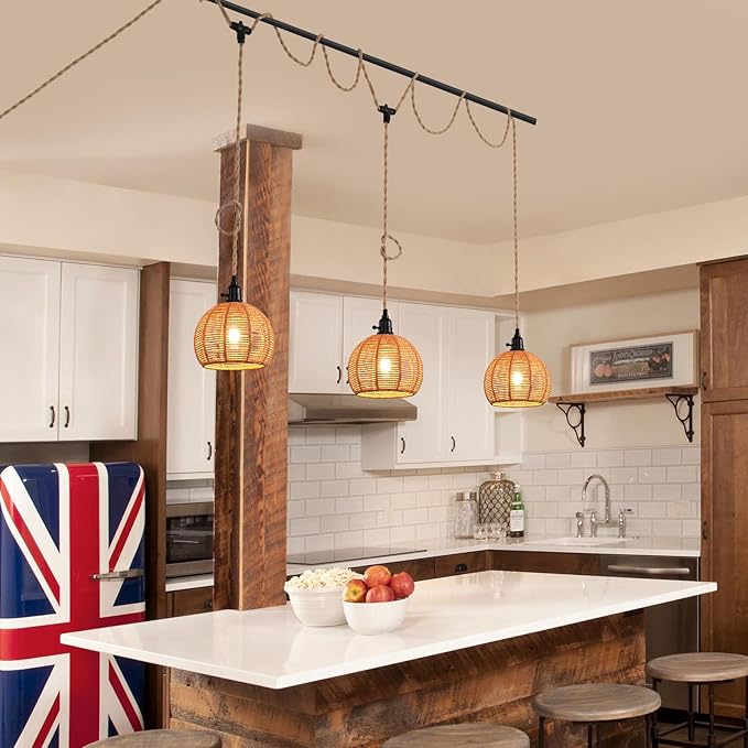 3-Light Hanging Light with Plug in Cord, Plug in Pendant Light 22ft Hemp Rope - Image 4