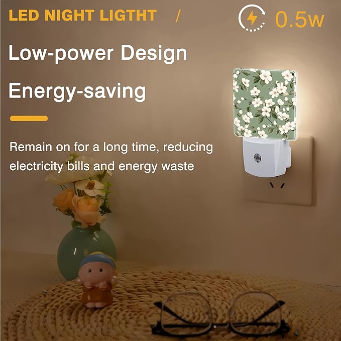 Night Light White and Green Flowers Night Lights Plug into Wall Smart Dusk to - Image 5