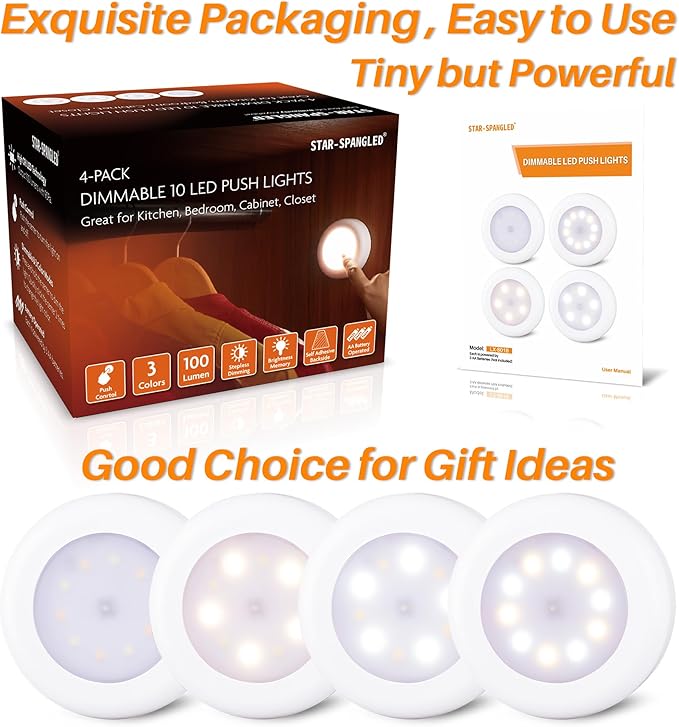 STAR-SPANGLED 4 Pack 3.1” Dimmable Push Tap Lights, Stick on LED Touch Puck - Image 6