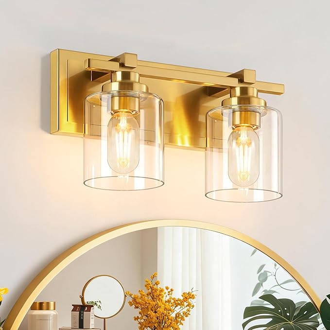 2 Light Modern Bathroom Light Fixtures Over Mirror, Brass Finish Vanity Lights by BRKNIT