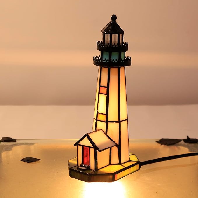 Small Tiffany Lighthouse Stained Glass Accent Table Lamp Night Light - Image 8