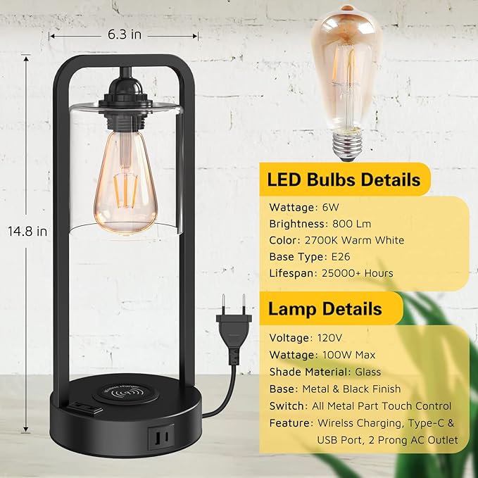 Wireless Charging Table Lamp for Bedroom Set of 2, Touch Control Dimmable - Image 5