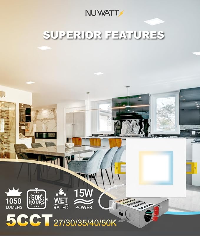 NUWATT 12 Pack 6 Inch Square Ultra-Thin LED Recessed Lighting, Selectable - Image 3
