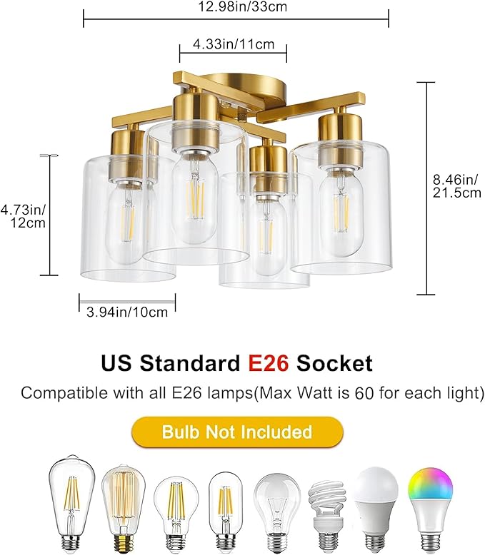 4 Light Semi Flush Mount Ceiling Light Brushed Gold Kitchen Lighting Fixtures - Image 2
