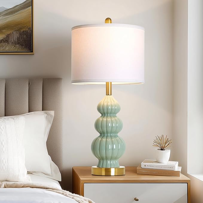 Green Ceramic Lamps Set of 2, 26.5" Modern Table Lamps - Image 3