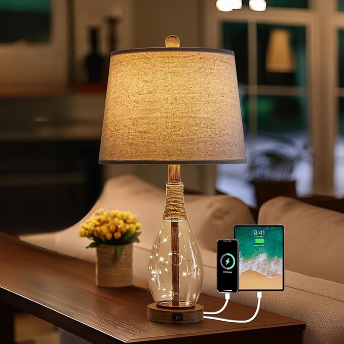 OYEARS 23" USB A+C Table Lamp for Bedroom Living Room Modern Bedside Lamps by OYEARS