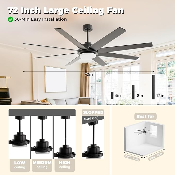 72 Inch Ceiling Fans with Lights and Remote Smart App, Indoor Black LED Big - Image 6