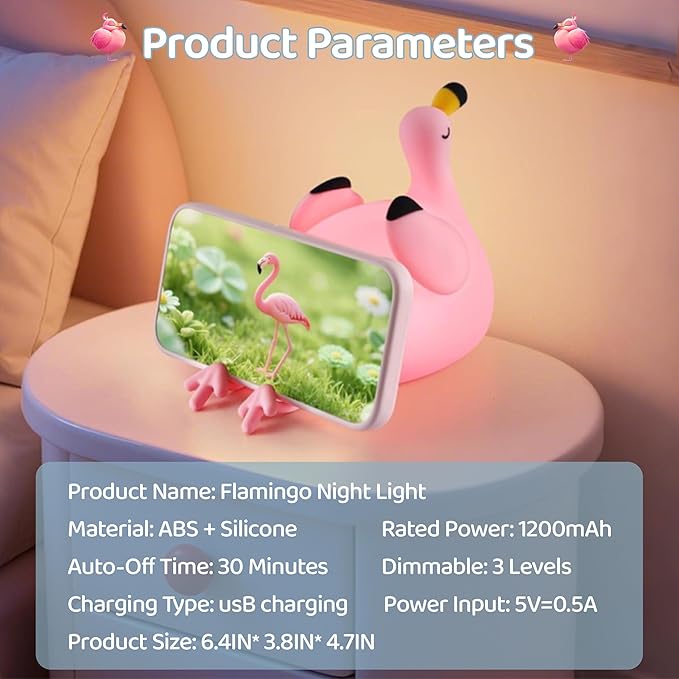 Flamingo Night Light for Kids, Silicone LED Squishy Animal Lamp, Dimmable/Timer - Image 7