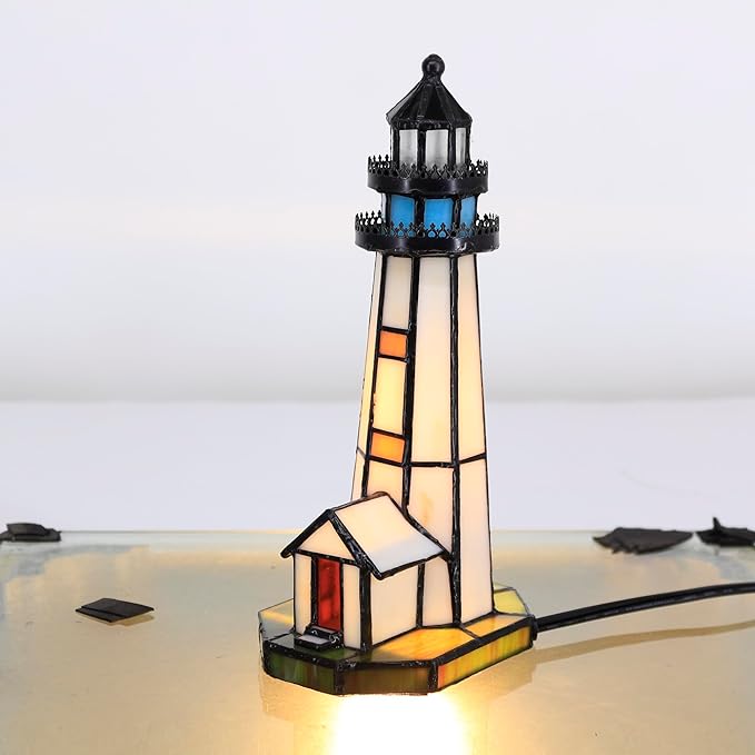 Small Tiffany Lighthouse Stained Glass Accent Table Lamp Night Light - Image 2