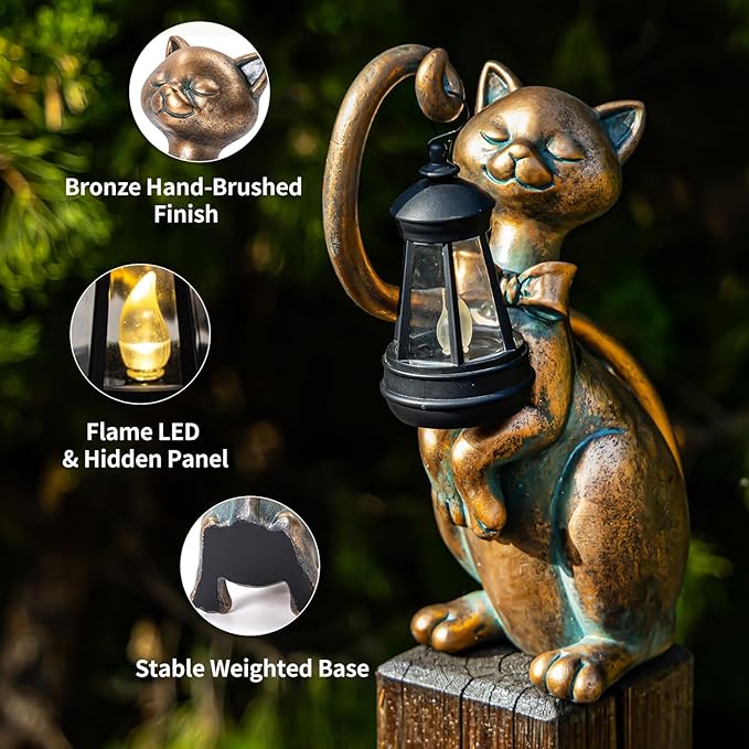 WHIMSYNOOK 10.7" Bronze Cat Solar Garden Statue Light – Cute Kitty Design - Image 4