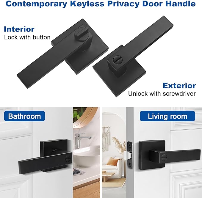 Estmoon 1 Pack Door Handle Black Interior Door Knobs, Keyless Privacy Door Lock - Image 2