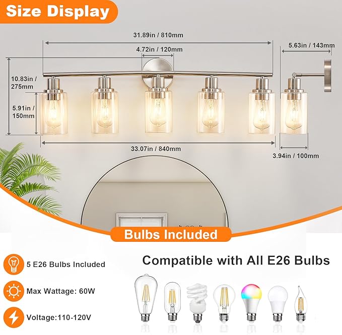 DLLT 5-Light Bathroom Light Fixtures: Nickel Modern Vanity Lights - Image 6