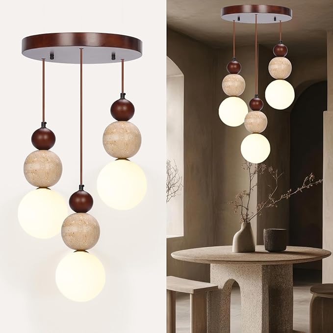 Wabi Sabi Pendant Light, 3-Light Travertine Stone Fixture-Japandi Japanese by Unknown