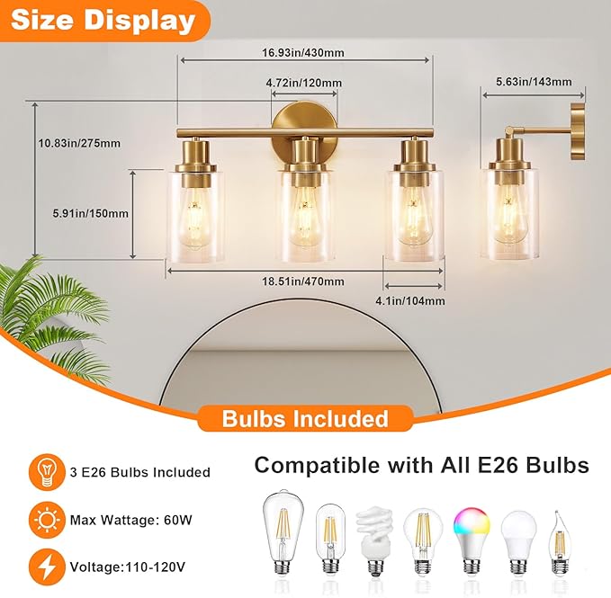 DLLT 3-Light Bathroom Light Fixtures: Gold Modern Vanity Wall Lights - Image 7