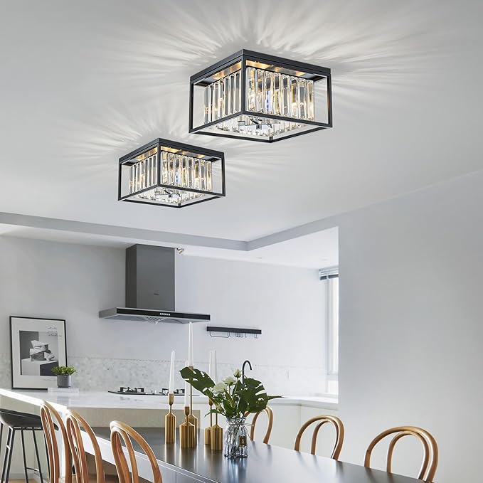 4-Lights K9 Crystal Ceiling Light, Close to Ceiling, 2-Tier Square Flushmount - Image 5