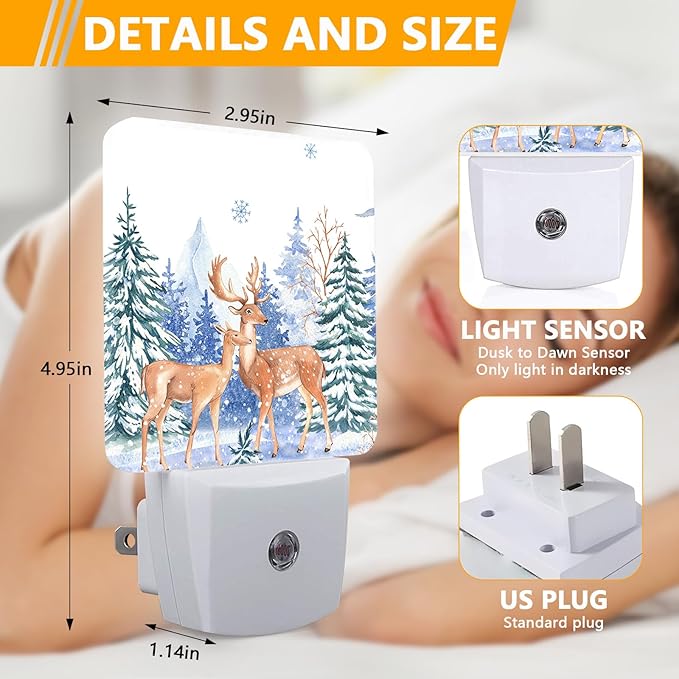 Vintage Deer Forest Night Light, Plug-into Winter Animals Nightlight White LED - Image 2