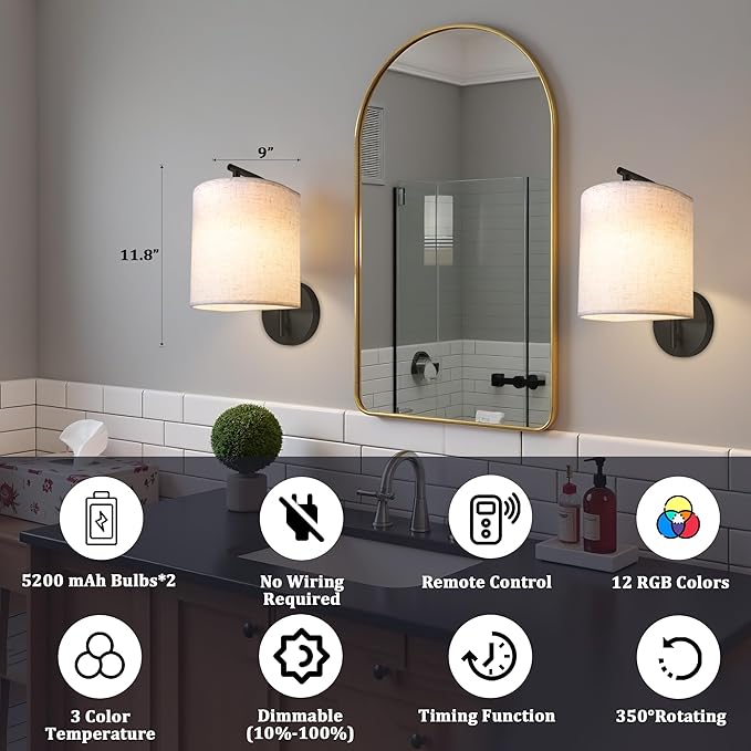 Rechargeable Battery Operated Wall Sconces Set of 2, Wireless Wall Lights - Image 2