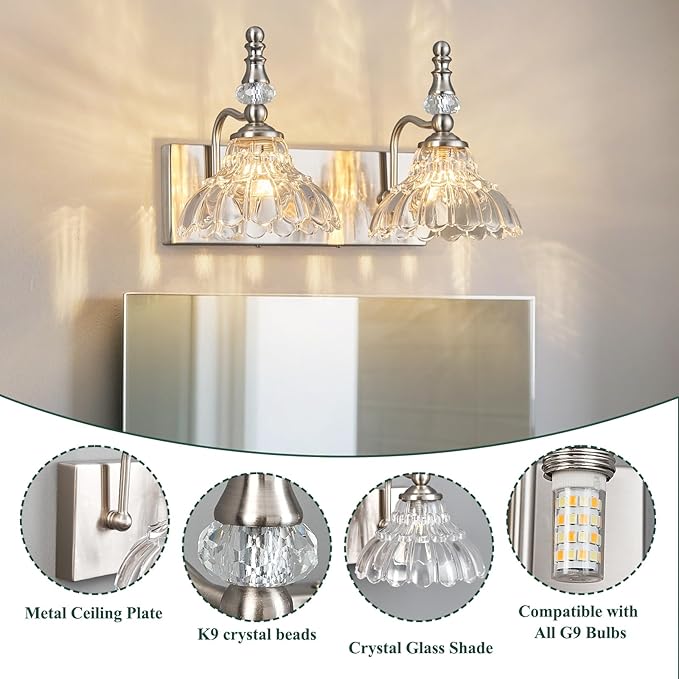 Vintage Bathroom Vanity Light, 2-Light Brushed Nickel Vanity Lighting Fixture - Image 3