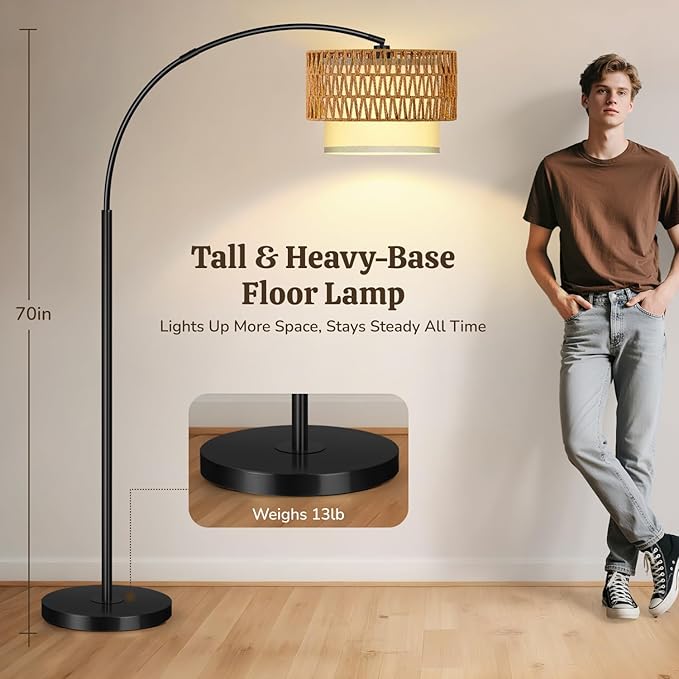 Arc Floor Lamp for Living Room, Rattan Boho Floor Lamp - Image 3