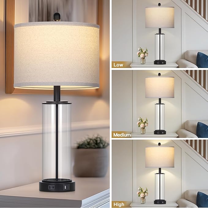26" Black Glass Table Lamp for Living Room Single, 3-Way Dimmable Bedside Lamps - Image 4