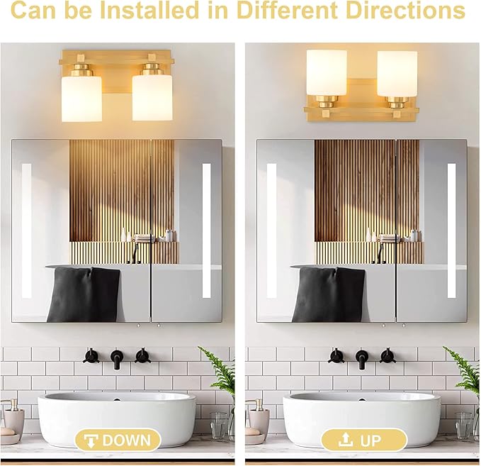2 Light Modern Bathroom Light Fixtures Over Mirror, Brass Finish Vanity Lights - Image 4