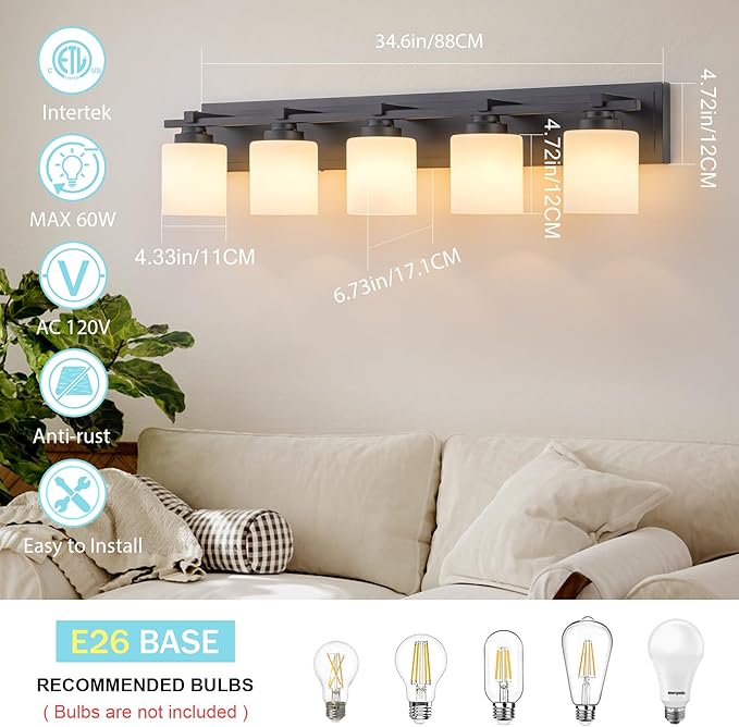 5 Light Modern Bathroom Light Fixtures Over Mirror, E26 Socket - Image 5