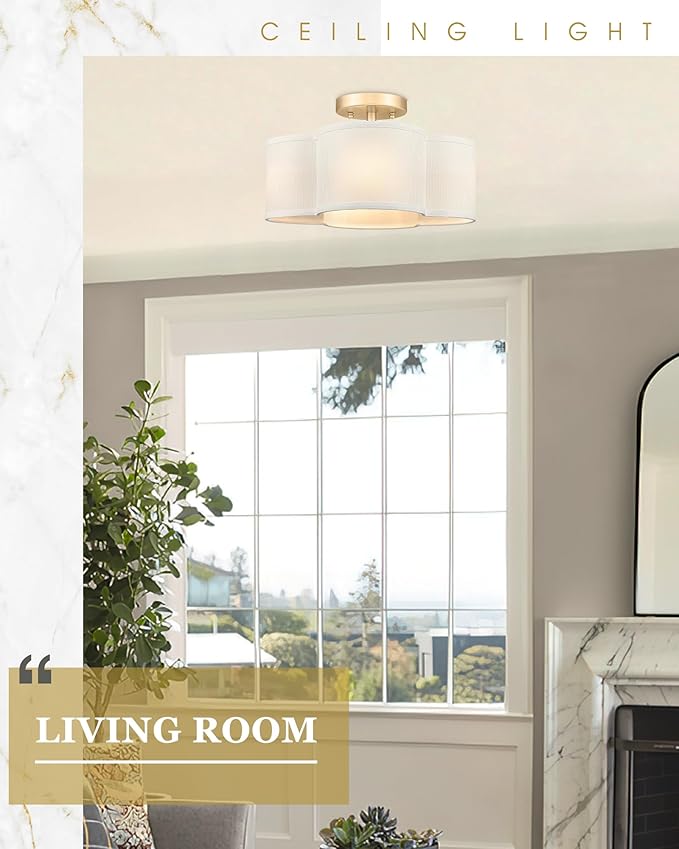 Gold Semi Flush Mount Ceiling Lights, Farmhouse Brass Drum Lighting - Image 5