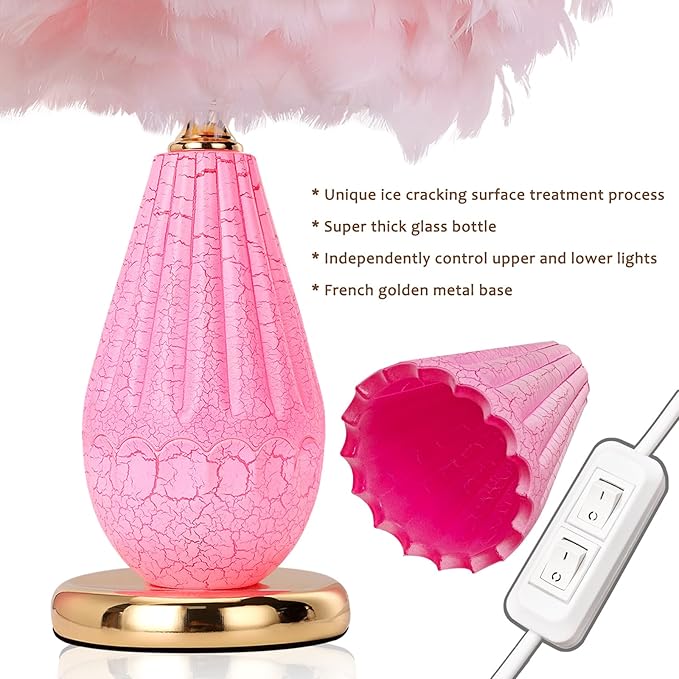 Pink Feather Lamp with Cracked Ice Glass Bottle & Gold Base, Dual Light 3 Color - Image 4