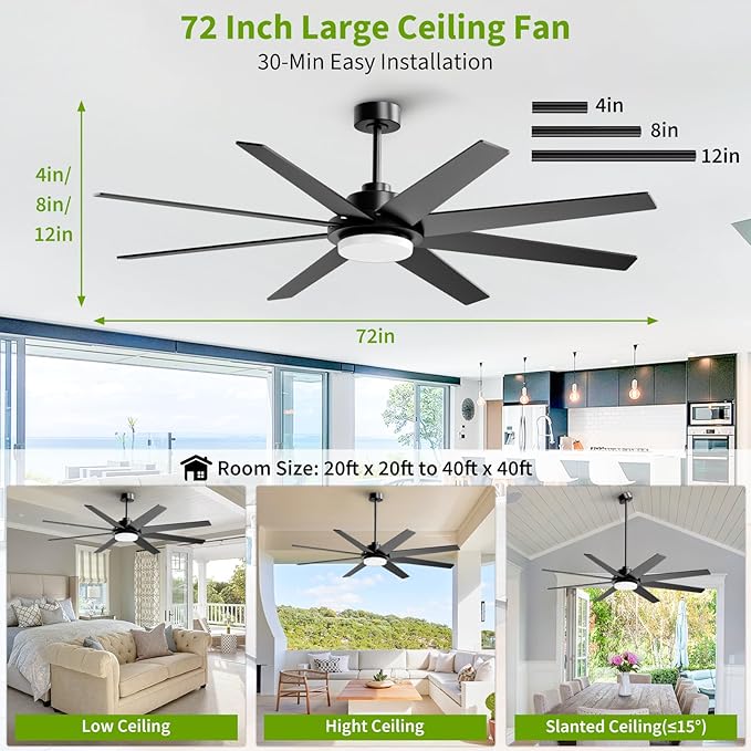 72 Inch Ceiling Fans with Lights and Remote APP Control, Outdoor Indoor Black - Image 5