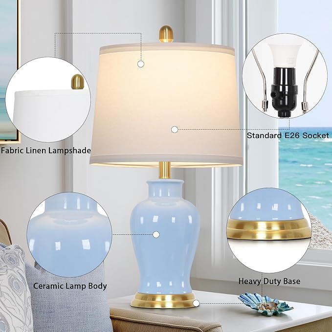 Blue Ceramic Table Lamps Set of 2, Modern Bedside Lamp - Image 2