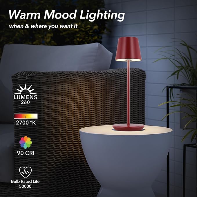 Generation Lighting Mena Accent Rechargeable Table Lamp – 14.5” Dark Red Steel - Image 3